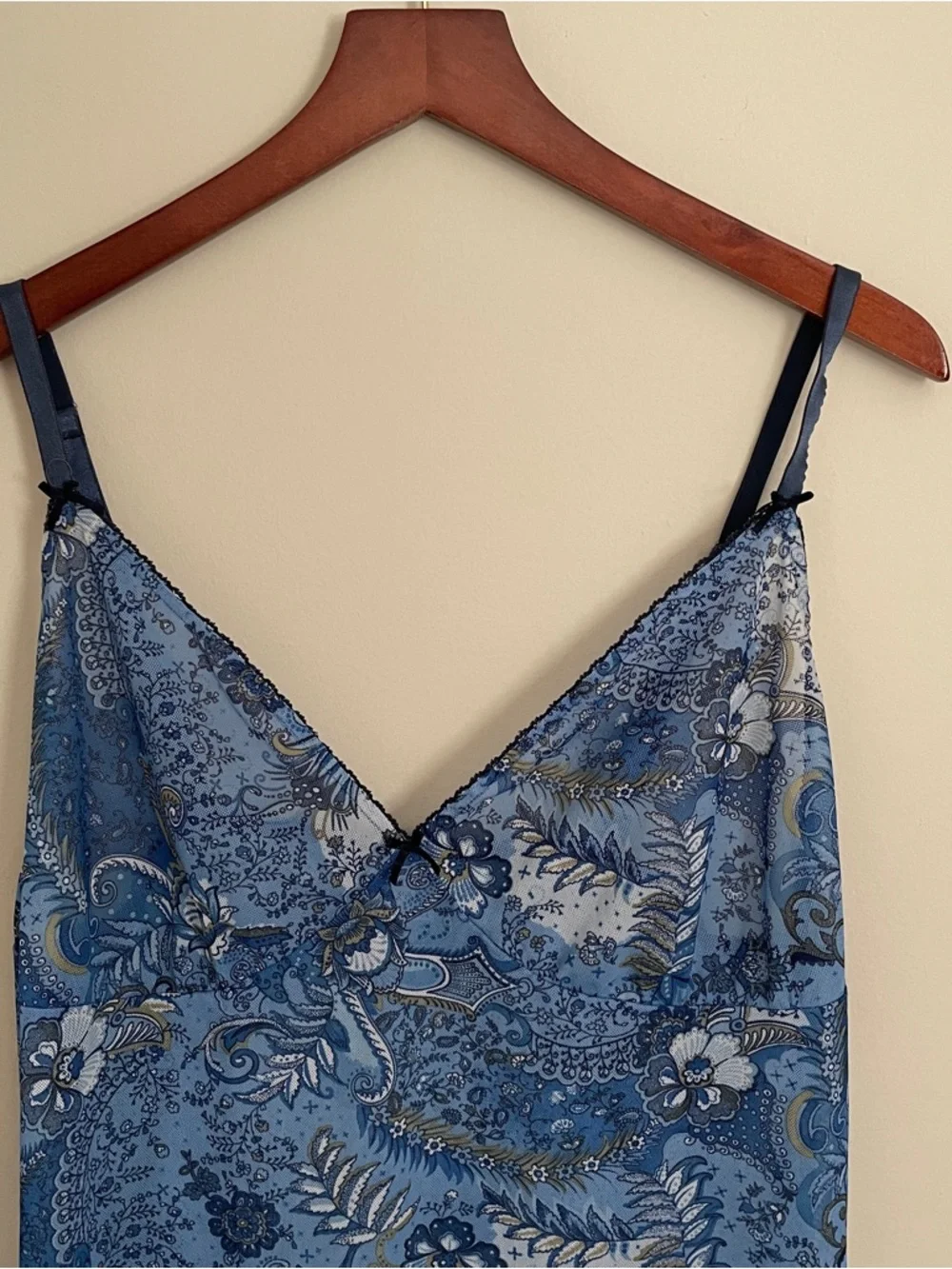 Vintage Blue Floral Satin Slip Chemise with Navy Straps - Picture 6 of 11